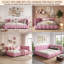EU Double Boucle L-Shaped Daybed with LED Lights & USB Charging Station, Upholstered Smart Bed Frame, Pink & White, 140x200cm-854038607