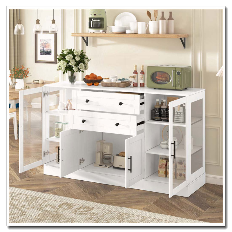 Buffet 58,3 po moderne avec 4 portes et 2 tiroirs, tablettes réglables, prise de courant, panneaux en acrylique, poignées en alliage d'aluminium