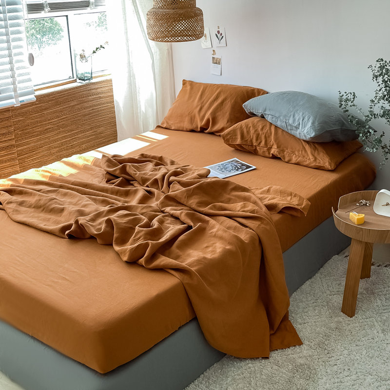 Ensemble de draps 100% lin, Ensemble de draps pour grand lit avec 2 taies d'or, Rouille