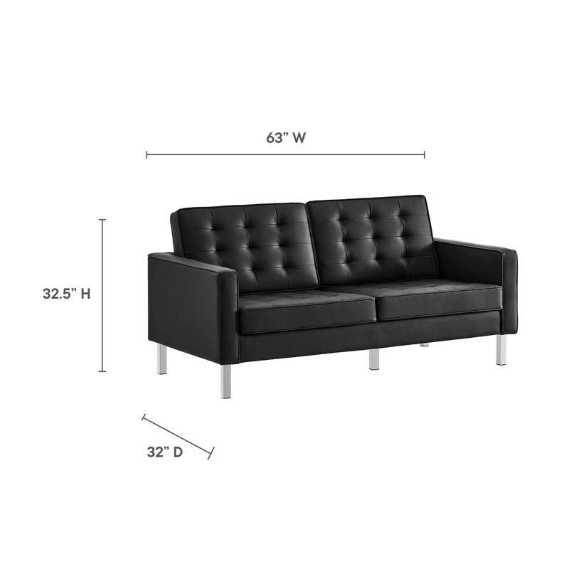 Upholstered 123'' Sofa, Black Genuine Leather