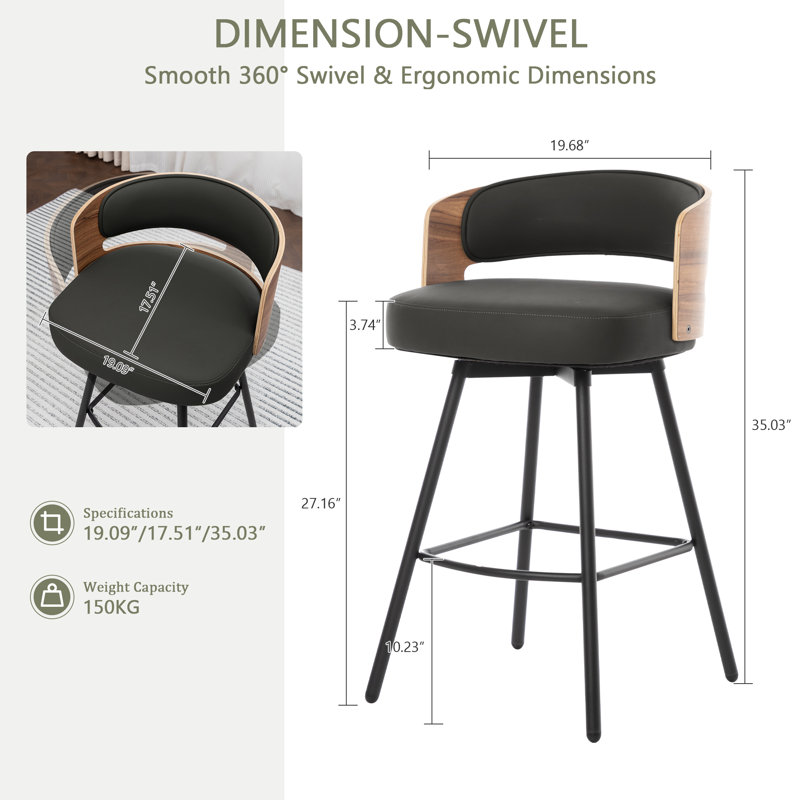 Swivel Upholstered Counter Stool with Metal Frame, Black