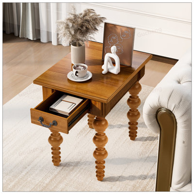 Table de bout en bois massif avec tiroir, assemblage facile et design rétro pour le salon