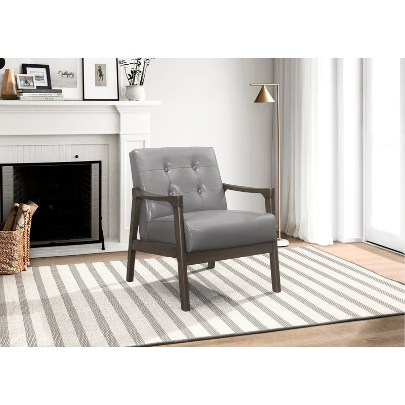 Chaise d'appoint avec revêtement gris, capitonnage à boutons, structure en bois massif pour la décoration de l'espace de vie