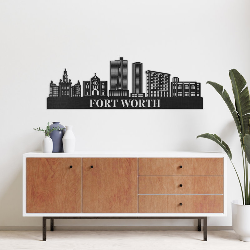 Décoration murale en bois Fort Worth City Skyline, H 14 po x l 46 po x P 0,25 po, Naturel
