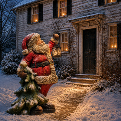 24in. Tall Rustic Santa Figurine with Lantern & Tree