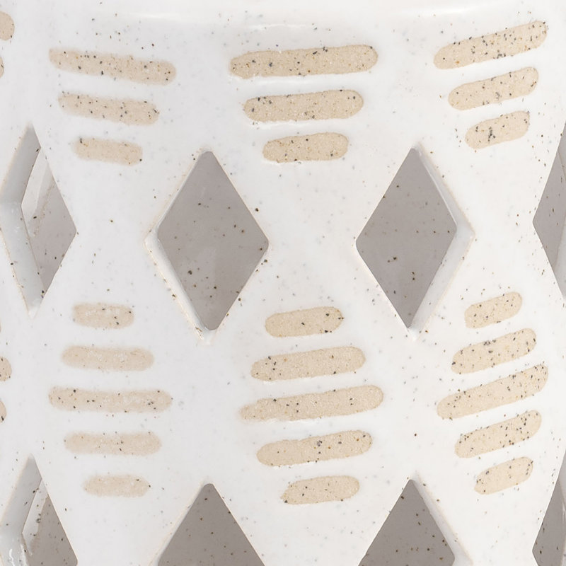 Decorative Ceramic and Stoneware Lantern with Cut-Out Diamond Design - Sleek Modern Hurricane Accent Crafted from Durable Materials for Stylish Ambient Display in Any Setting