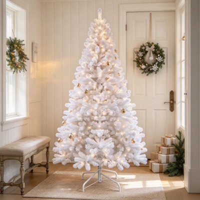 Sapin de Noël artificiel blanc de 2,74 m (9 pi) sans lumières, avec fil à mémoire de forme, 1910 branches articulées, support en métal, montage facile, décoration intérieure pour les fêtes (sans lumières ni décorations).