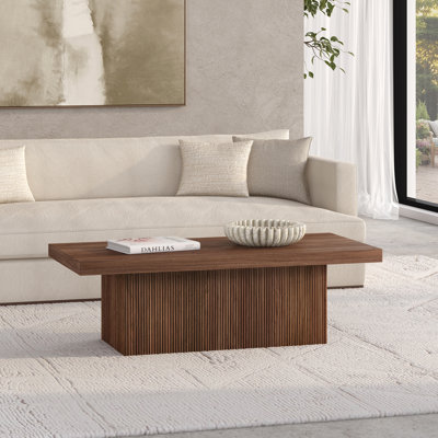 47.5" Wide Coffee Table with Fluted Pedestal Base — Satin Walnut Scandinavian MDF Center Table for Living Room | Karyme