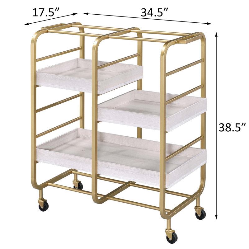 Serving Cart With 3 Adjustable Trays, Gold/White
