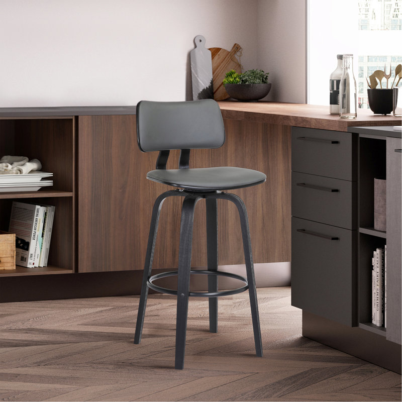 Tabouret de bar pivotant en bois noir de 30 po en similicuir gris avec métal noir