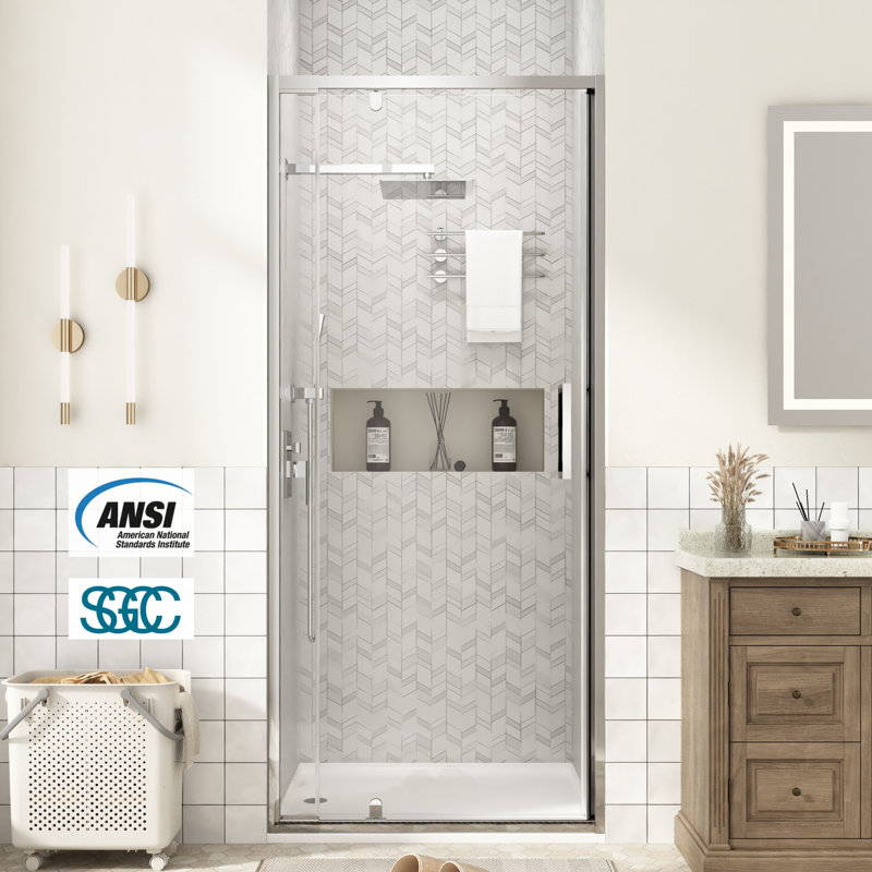Porte de douche pivotante encadrée de 71 à 81 cm (L) x 183 cm (H) en chrome avec verre trempé transparent de 6 mm, pellicule anti-éclats et revêtement facile à nettoyer