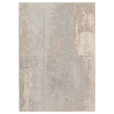 Tapis taupe / argent à motif abstrait en polyester tissé à la machine