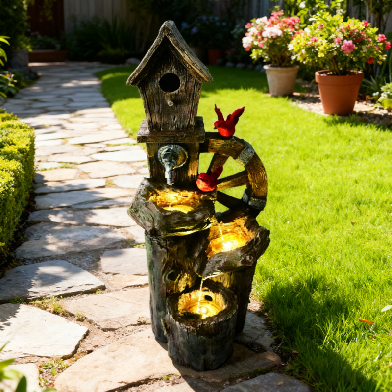 Fontaine décorative pour jardin à trois niveaux avec lumières à DEL et roue à aubes