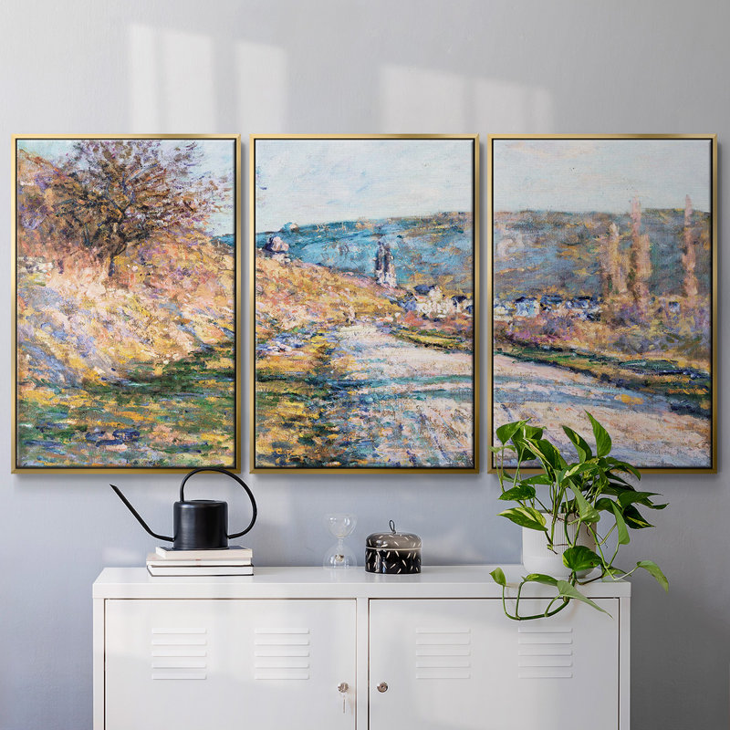 Monet - 3 pièces, reproduction encadrée sur toile, H 36 po x l 75 po x P 2 po, Or