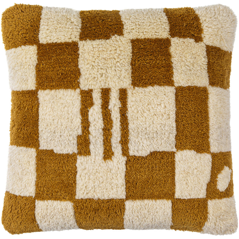 Raven Checkered Wool Throw Pillow, Down, Brown, 20" x 20"