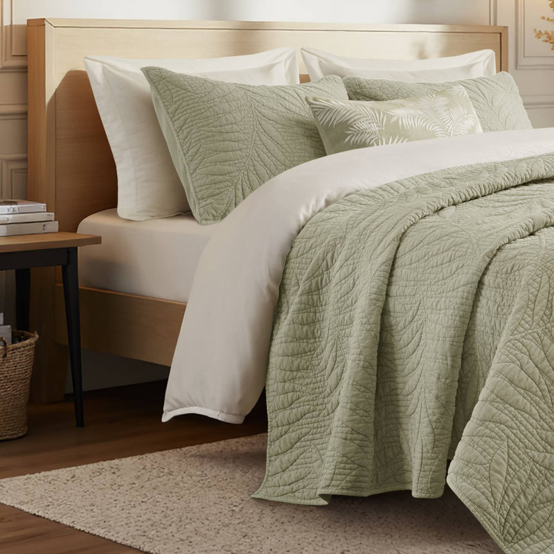 Ensemble de courtepointe 100% coton 3 pièces Botanical Leaves Sage, Double/Grand, Sauge