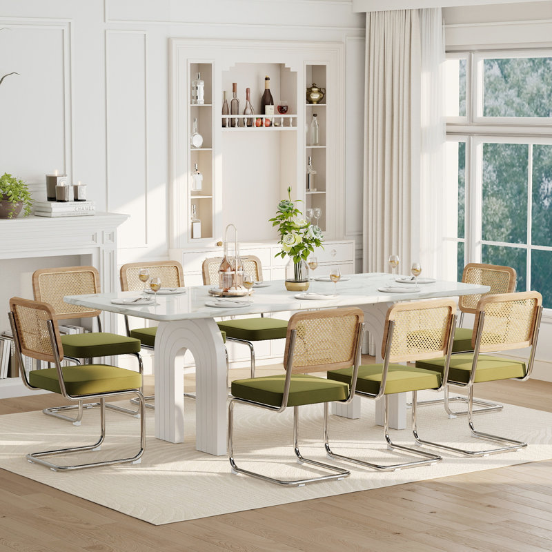 Ensemble de table de salle à manger rectangulaire moderne de 78 pouces à double piétement pour 6 à 8 personnes avec chaises de salle à manger rembourrées