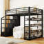 Grand lit mezzanine en métal avec tablettes de rangement, armoires et garde-robe, noir-1094911370