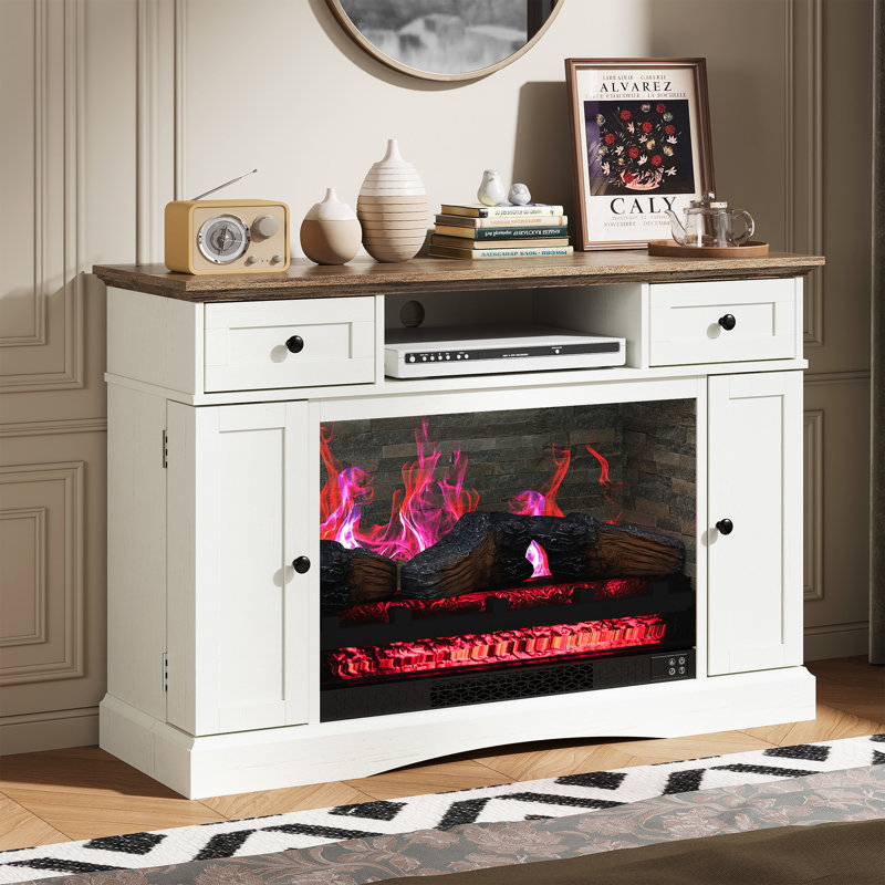 Meuble télé de style champêtre avec foyer électrique de 71 cm (28 pouces), console multimédia en panneaux de particules blancs pour téléviseurs jusqu'à 55 pouces (140 cm).