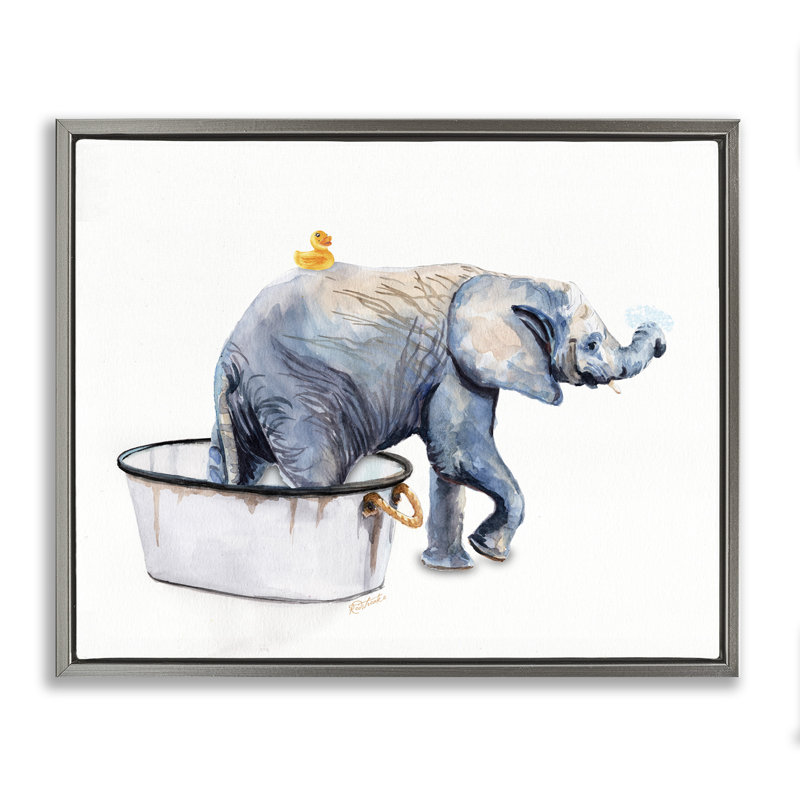 Éléphant et toile de canard en caoutchouc encadrée par Jennifer Redstreake, Cadre flottant gris lustré, H 17 po x l 21 po