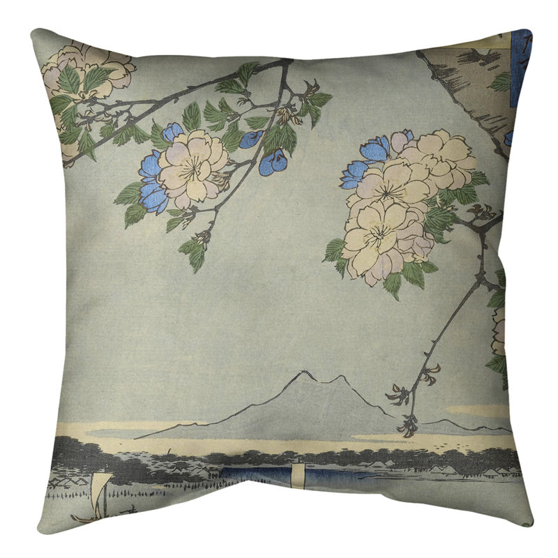 Coussin Utagawa Hiroshige Blossoms Over the River, 40 po x 40 po, Bleu