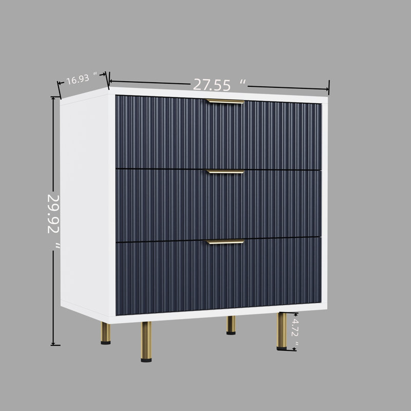 Modern 3 Drawer Chest Of Drawers, Side Table For Hallway, Room, With Smooth - Running Drawers And Metal Tall Legs White Navy Blue Chest, Fluted , Spacious Easy To Open, Suitable Bedroom Use