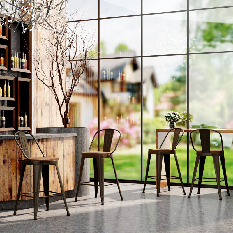 High Back Metal Counter And Bar Stools, Counter Stool (26" Seat Height), Brown