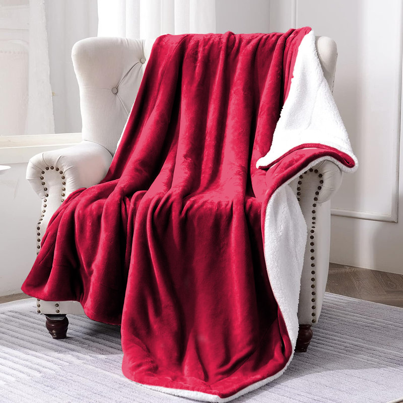 Sanborn Soft Reversible Sherpa Fleece Fur Thick Blanket Throw, 150cm x 200cm, Burgundy