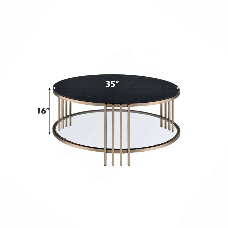Table basse ronde en fritté avec plateau en pierre et champagne