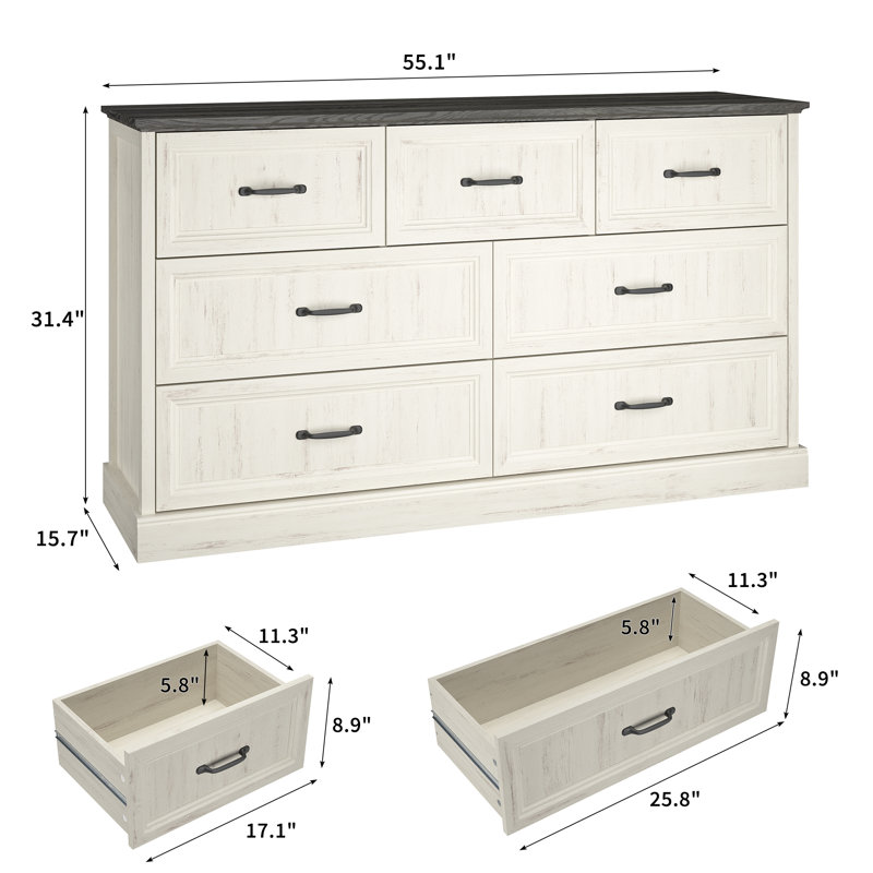 Commode 7 tiroirs pour chambre à coucher l 55 po, Blanc / Brun