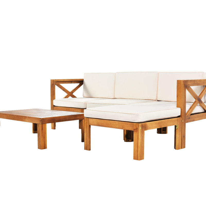 5 patios d'extérieur, finition naturelle, coussins beiges, structure à eau, pour les sièges de jardin et de divertissement, bois, tissu, temps de plaisir