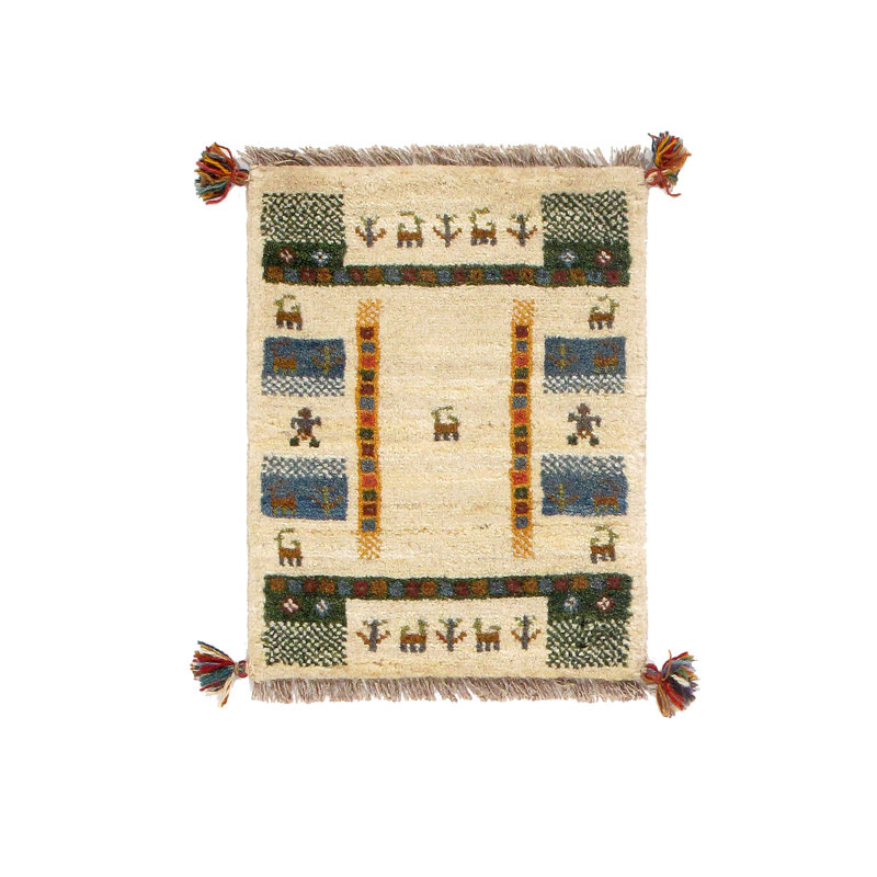 Tapis de zone one-of-kind noué la beige/vert 1 pi 4 po x 2 pi