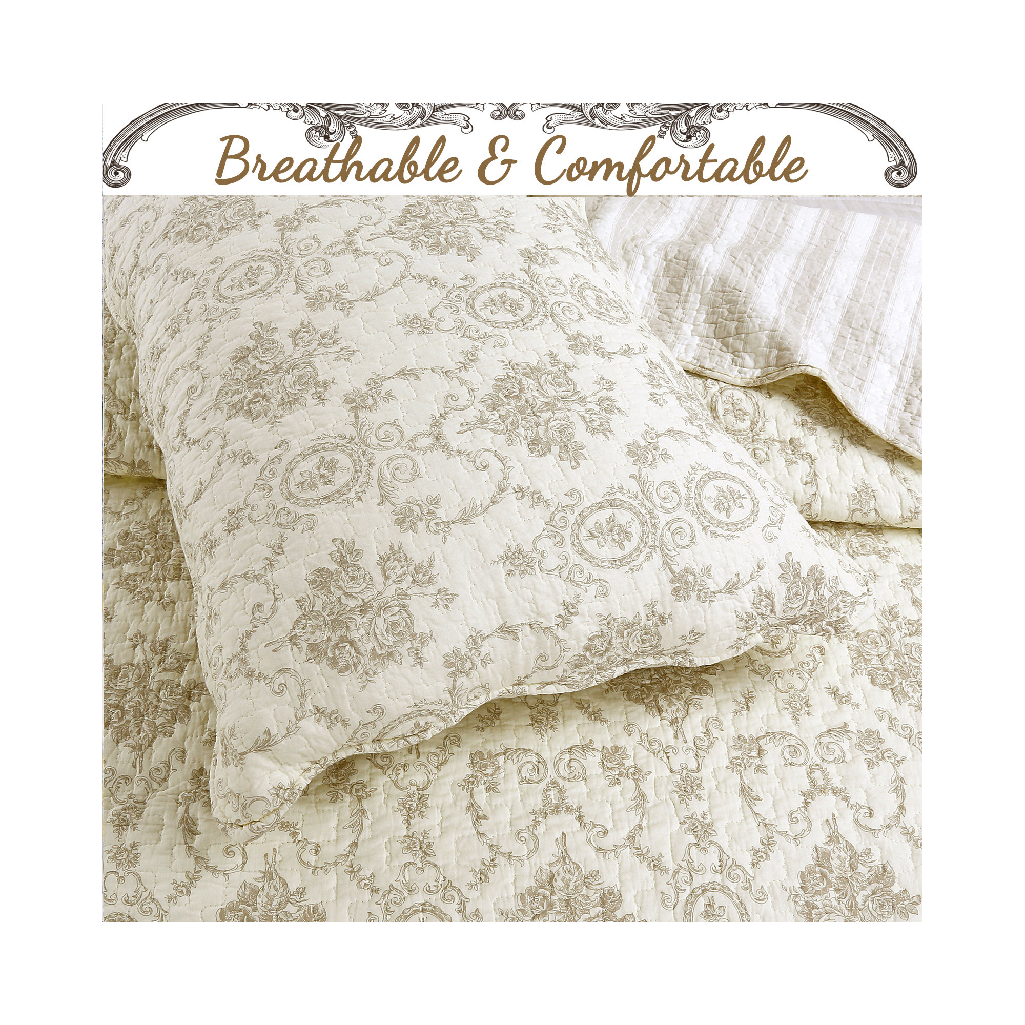 French Medallion Quilt Set, Queen Quilt + 2 Shams, Ivory/Cream