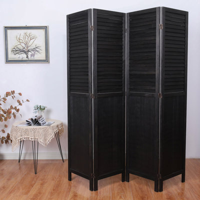 Paravent pliable noir à 4 panneaux, style volet de fenêtre rustique en bois.