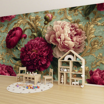 Papier peint adhésif pelez et collez floral pivoine bourgogne rose H 69 po x l 96 po, papier mural amovible en PVC auto-adhésif pour chambre à coucher, bureau à domicile