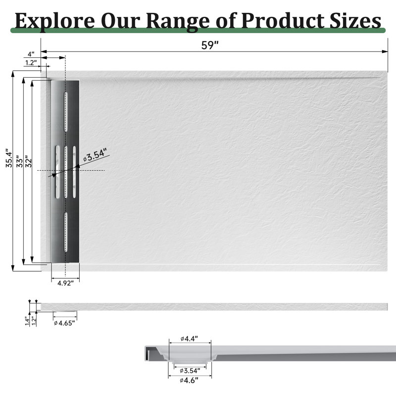 59/60＂W X 36＂D SMC Solid Surface Shower Pan Base With Drain Cover, Non-Slip, Low-Profile, Curbless, Wheelchair Accessible