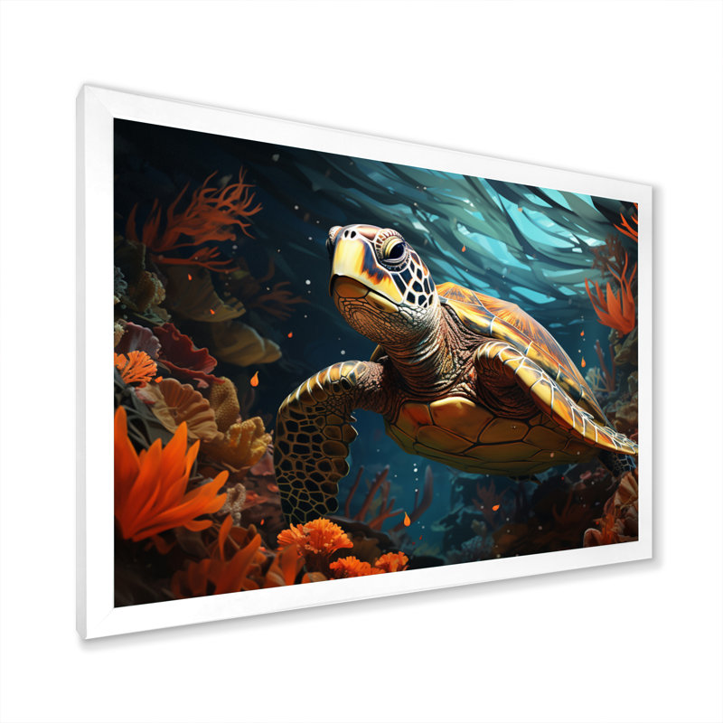 «Turtle Aquatic Wanderer», impression géométrique sur toile, H 12 po x l 20 po x P 1 po, Cadre simple blanc