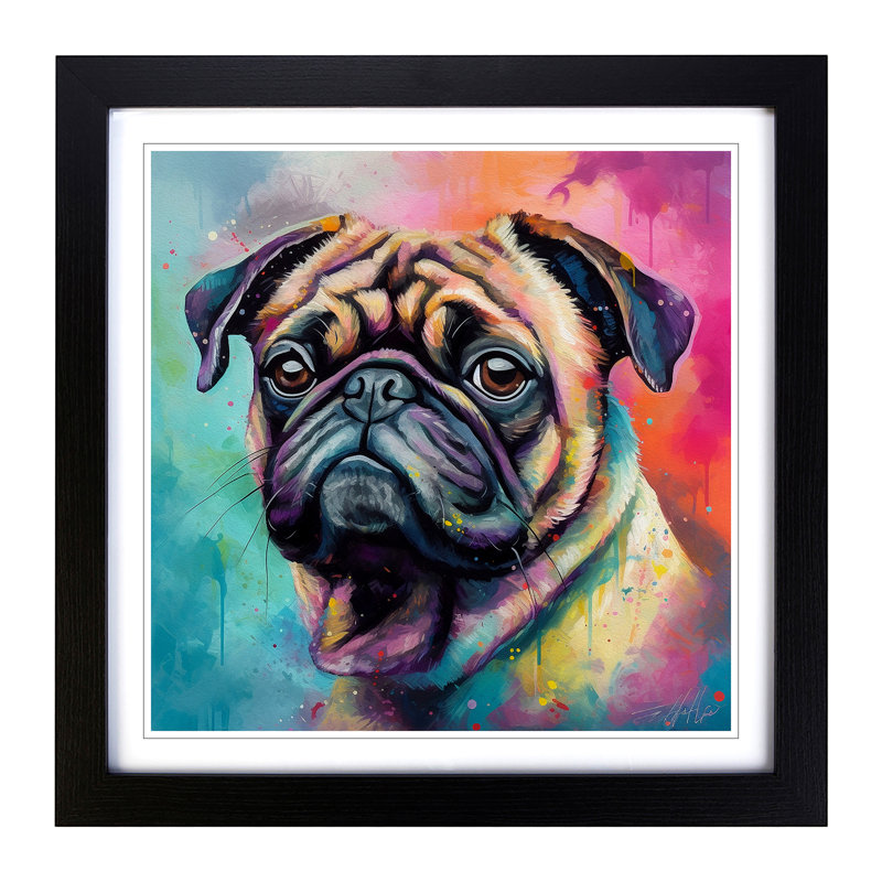 Pug Colour Field No.3 - Single Picture Frame Print on Wood, Black