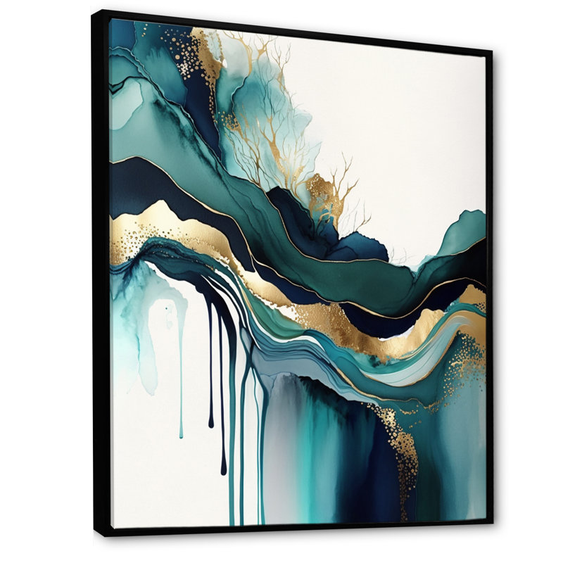 Décoration murale sarcelle et or abstrait Expression IV - Encre liquide abstraite, H 40 po x l 30 po, Cadre flottant, Noir