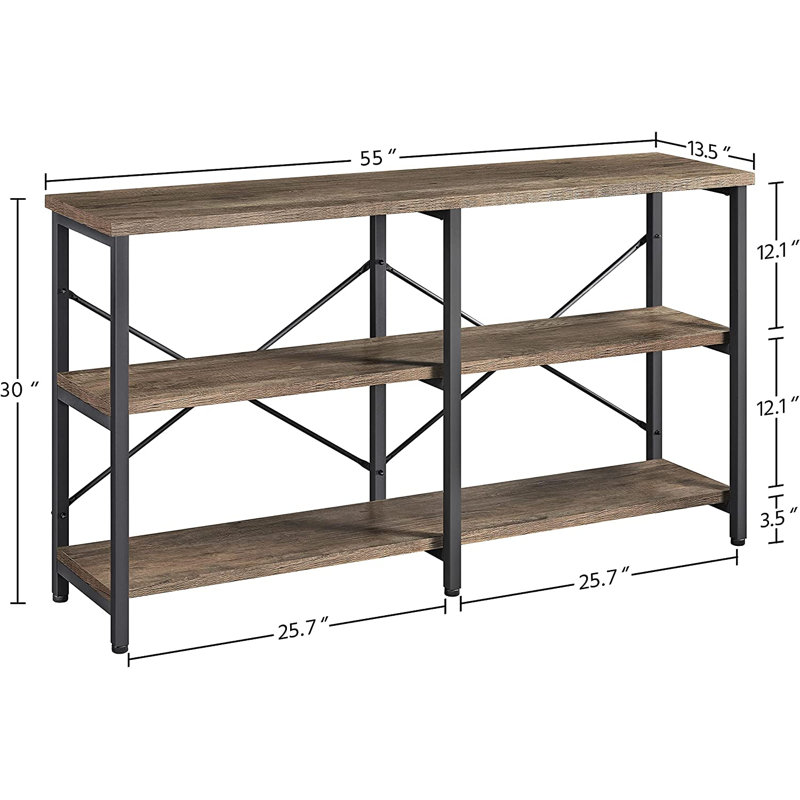 Taupe Wood and Black Metal 3-Tier Industrial Console Table with Storage