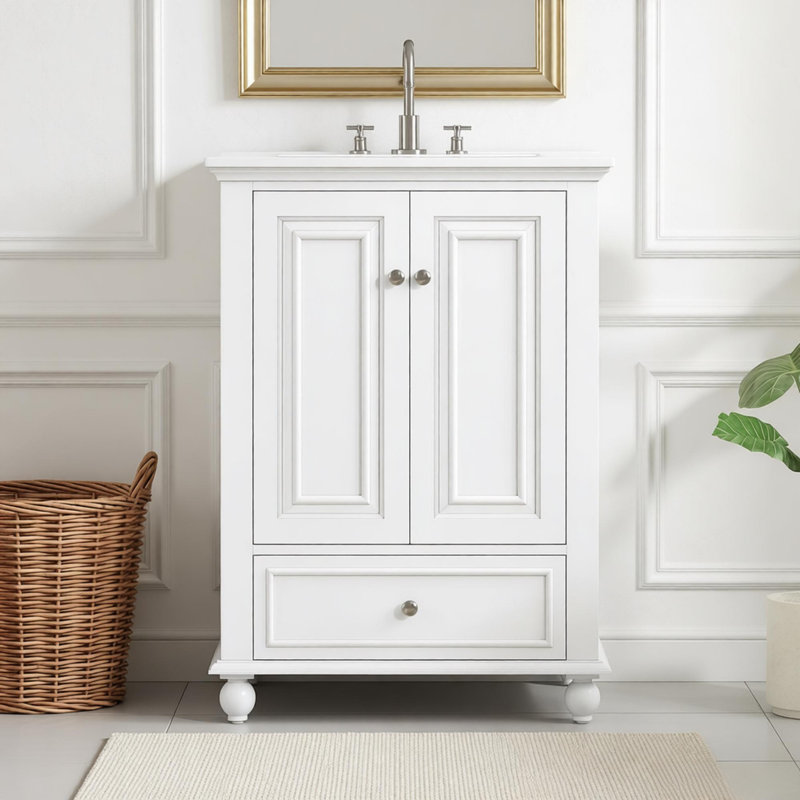 Meuble-lavabo de 24 po avec lavabo en céramique, armoire de rangement avec portes à fermeture douce, armoire de salle de bain avec tiroir et séparateurs de tiroir