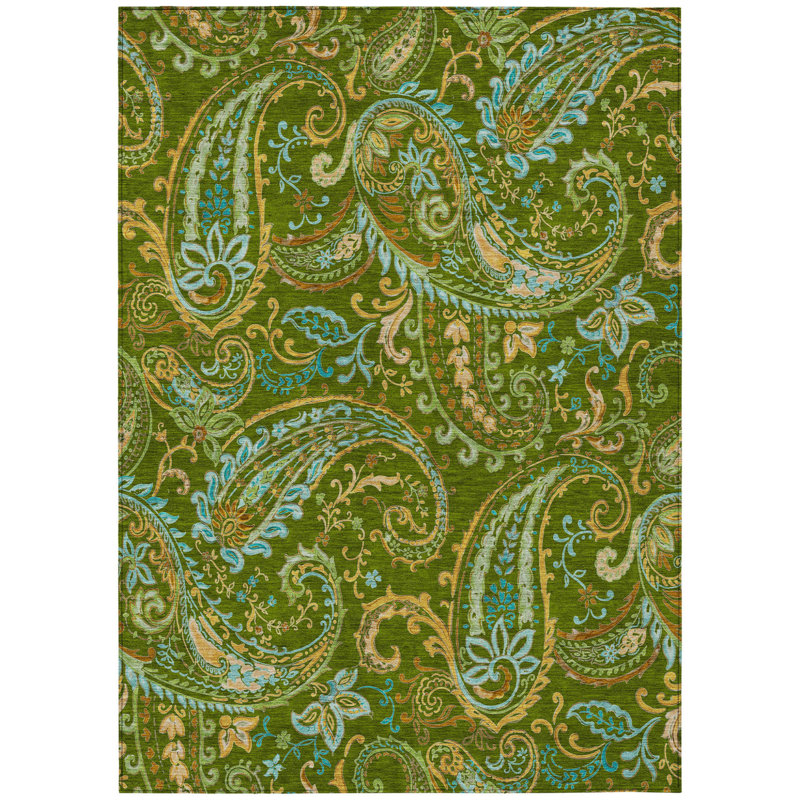 3' X 5' Green Paisley Washable Non Skid Indoor Outdoor Area Rug