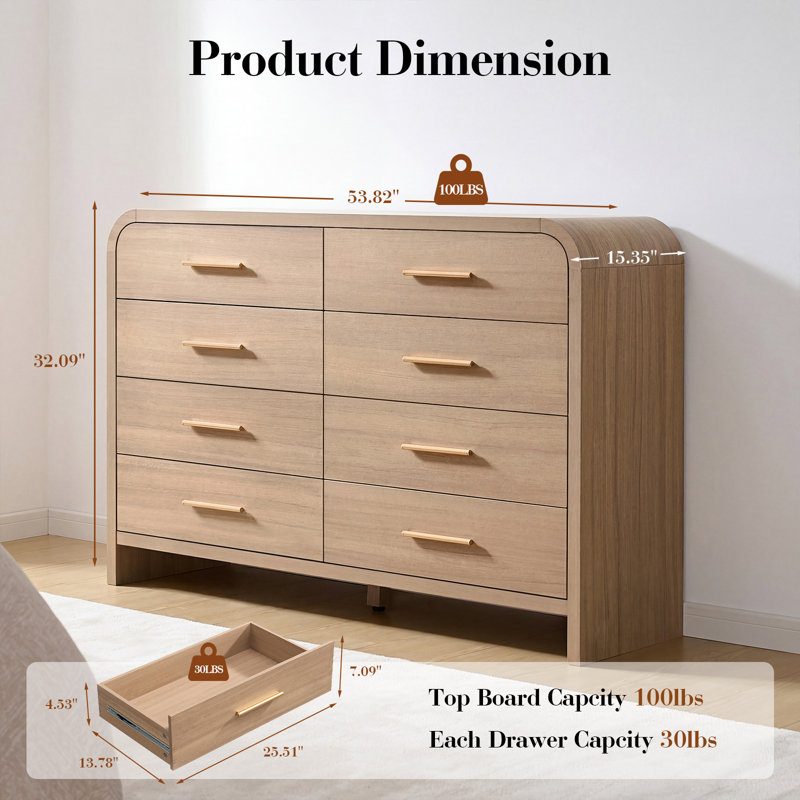 Commode 8 tiroirs 54 po, Bois naturel