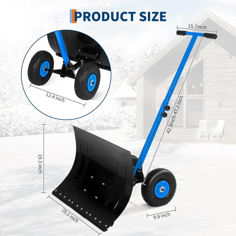 Pelle à neige avec roues Poussoir à neige robuste pour allée, Pelle à neige ergonomique avec déneigement Poignée à hauteur et angle réglables pour l'allée, la route