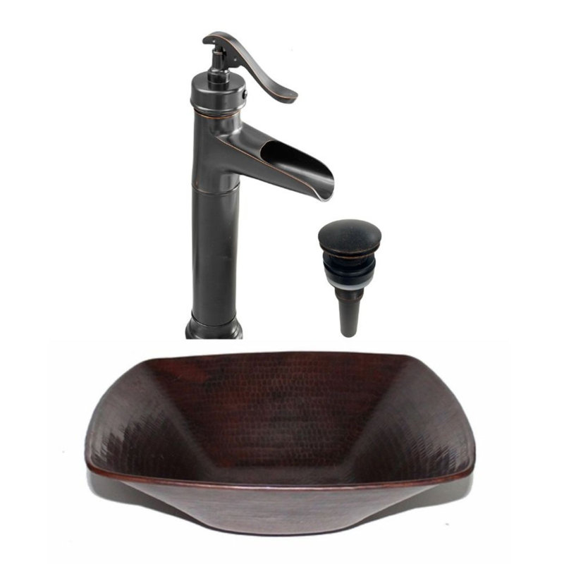 Lavabo vasque carré en cuivre de 15 po, robinet et drain inclus