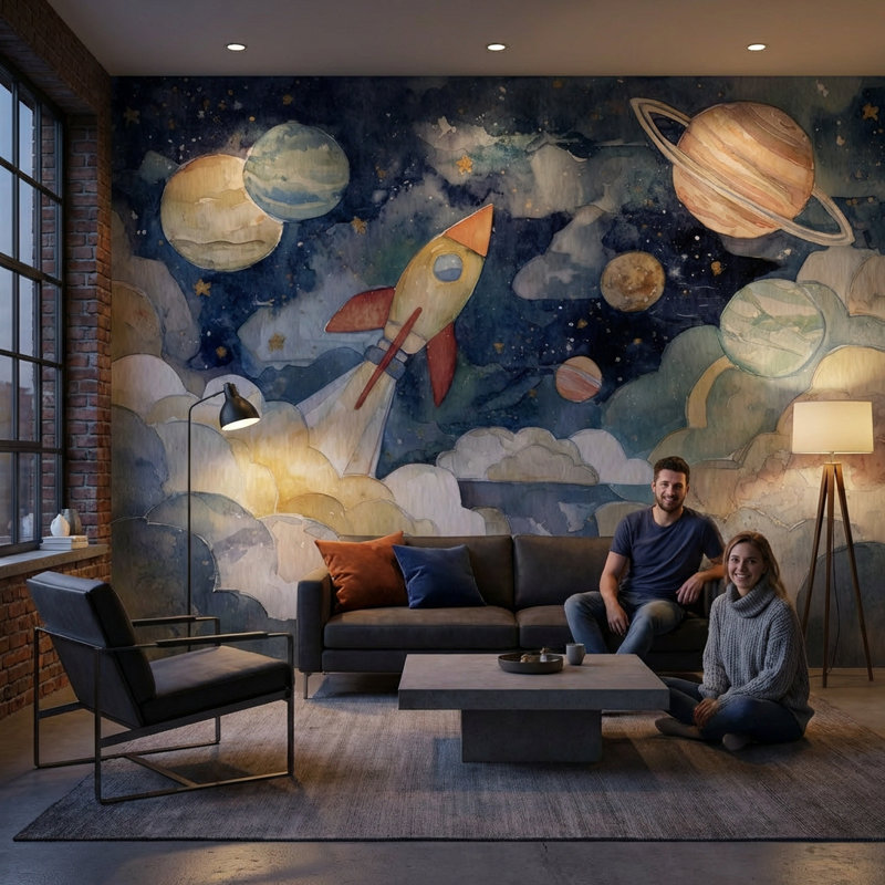 Murale fantaisiste Space Rocket, Non tissé, 200 po x 120 po