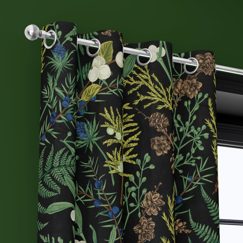 Botanical Curtains 100% Blackout 2 Panels, Green/Black
