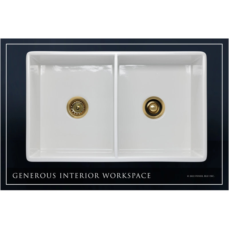 32.75" L x 19.88" W Double Basin Farmhouse Kitchen Sink with Accessories, Brushed Brass Accessories