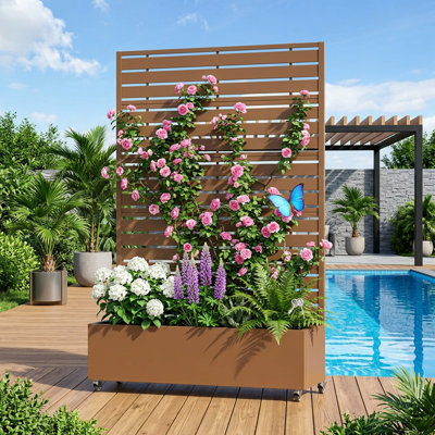 Boîte à fleurs en métal avec treillis et roues