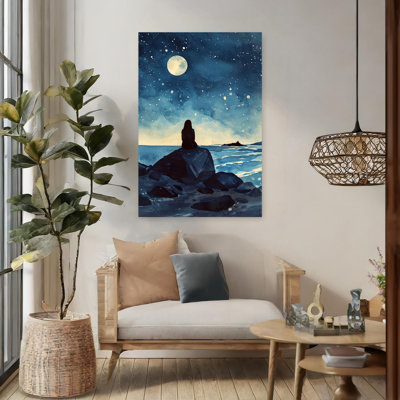 Moonlit Ocean Solitude Dreamy Peaceful Serene Beach Ocean Wall Art Print 1 Piece Wrapped Canvas Wall Art